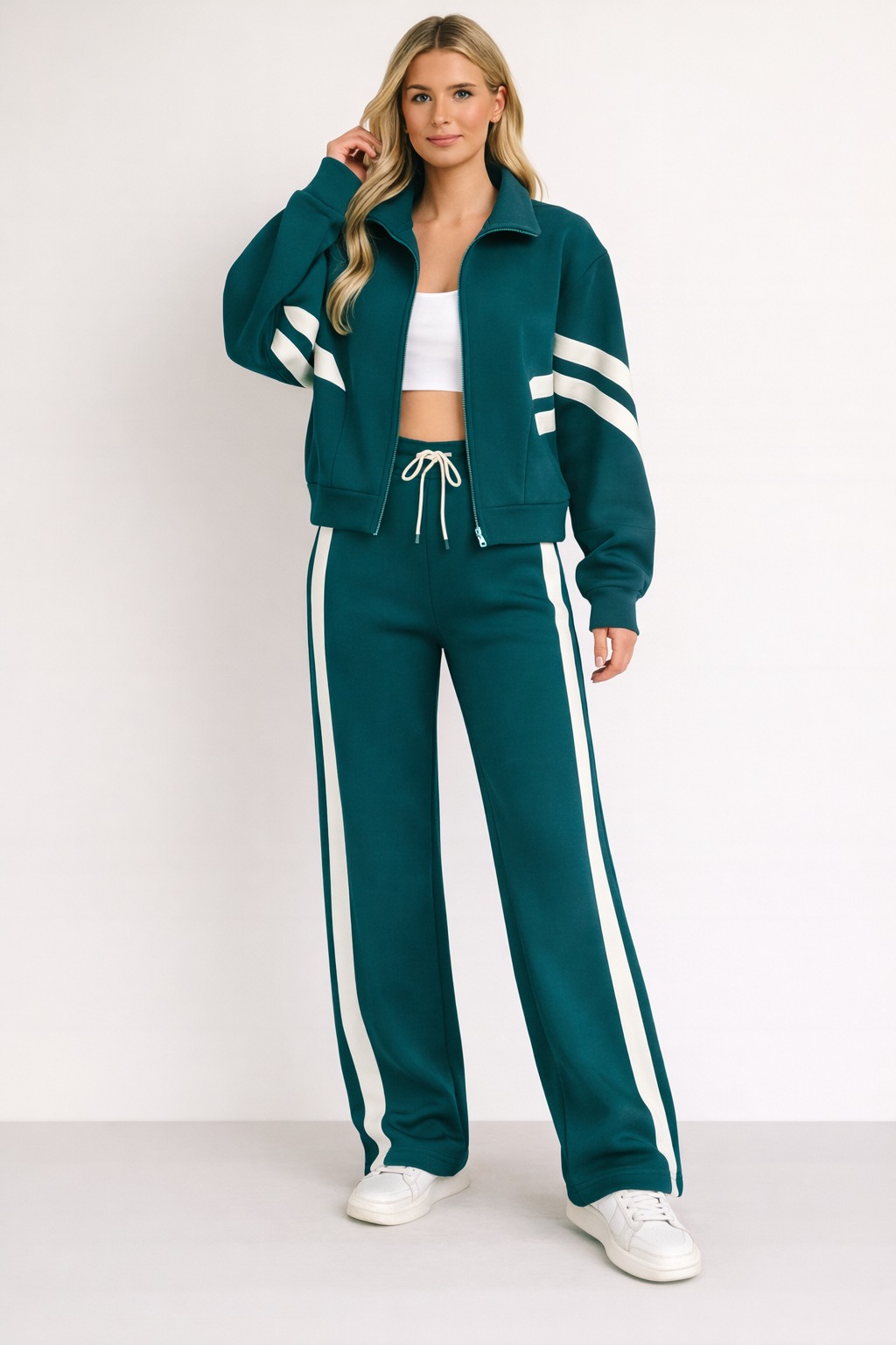 Dames Jogging Suit met Cropped Zip Jacket en Zijstrepen en Wide-Leg Broek Groen