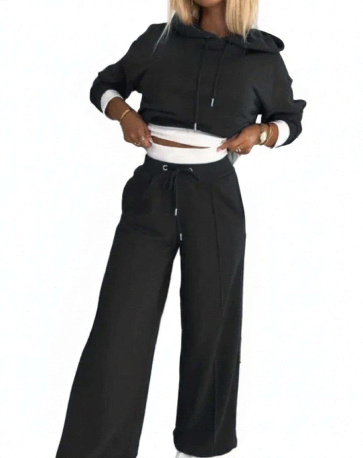 Dames Joggingpak met Crop Hoodie en Wide Leg Broek