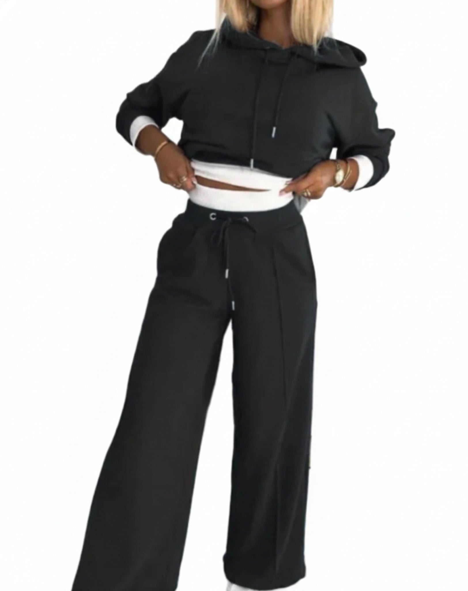 Dames Joggingpak met Crop Hoodie en Wide Leg Broek