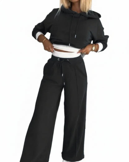 Dames Joggingpak met Crop Hoodie en Wide Leg Broek