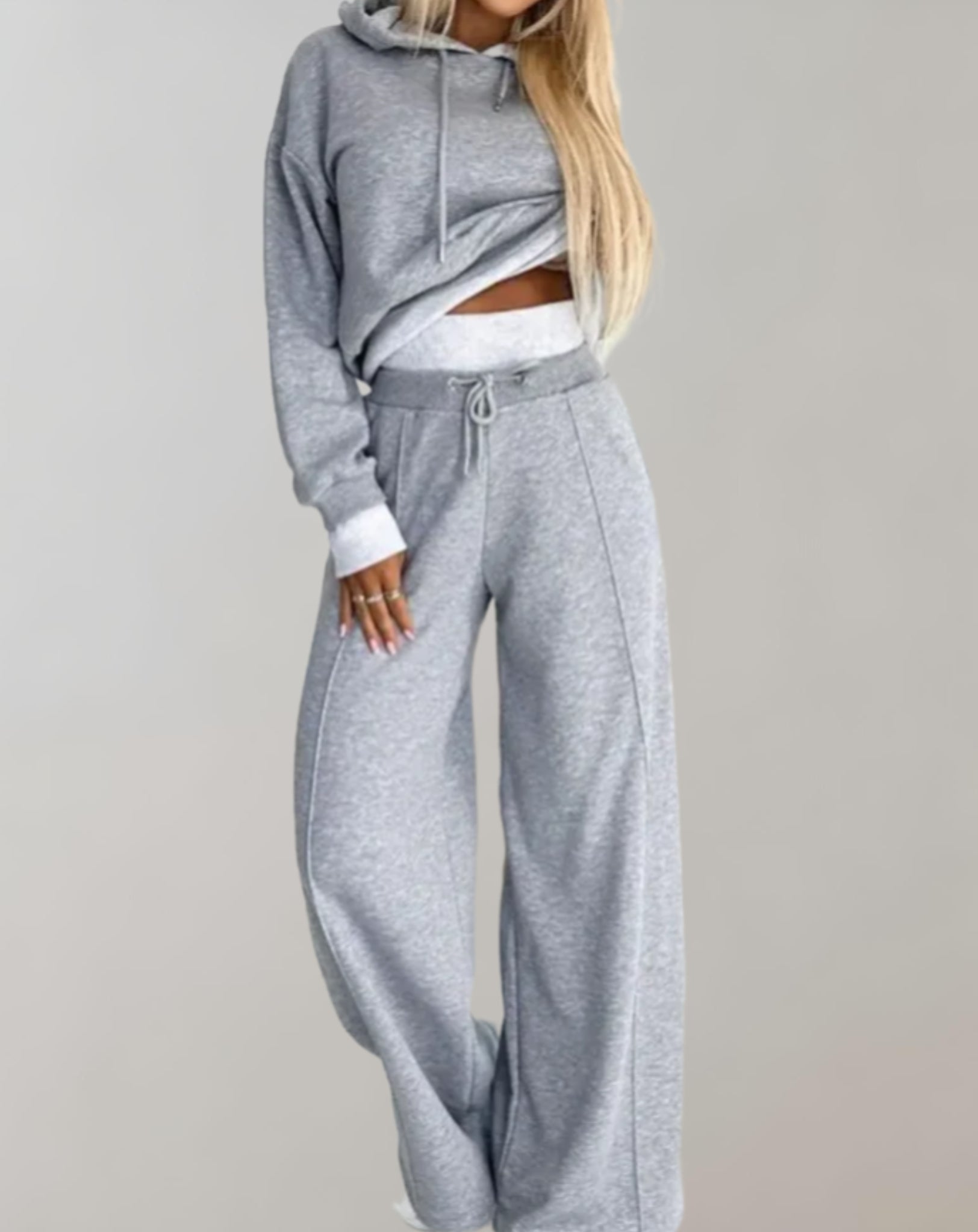 Dames Joggingpak met Crop Hoodie en Wide Leg Broek Grijs