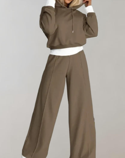 Dames Joggingpak met Crop Hoodie en Wide Leg Broek Bruin