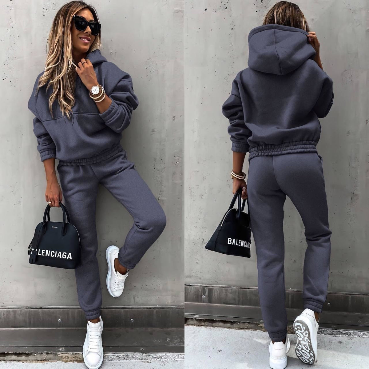 Dames Joggingpak met Hoodie en Elastische Taille Oversized Fit Grijs