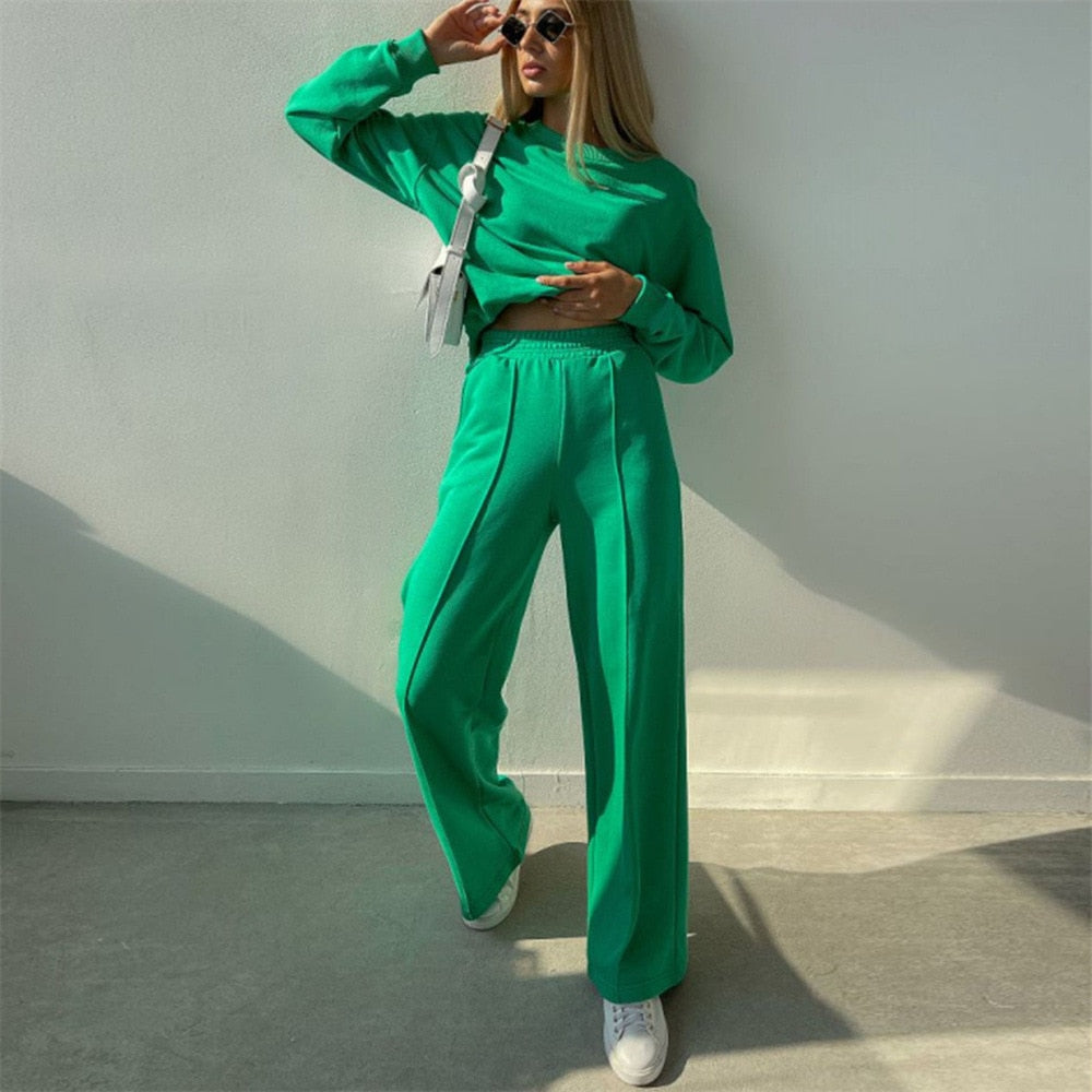 Dames Joggingpak met Oversized Sweater en Wide Leg Broek Groen