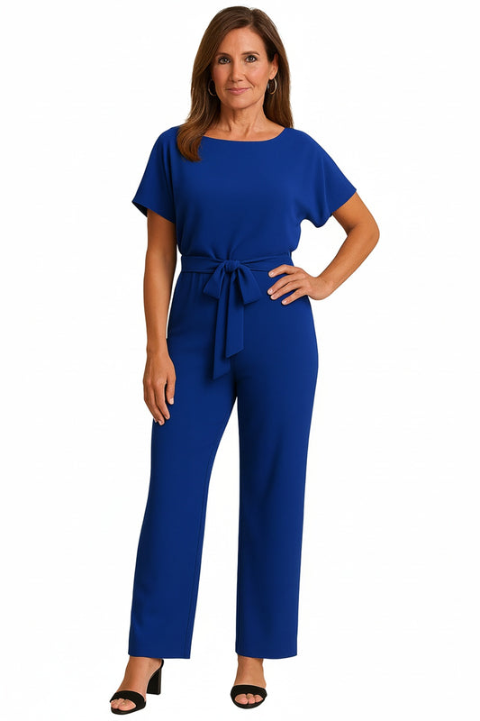 Dames Jumpsuit Korte Mouw met Ronde Hals en Strikceintuur