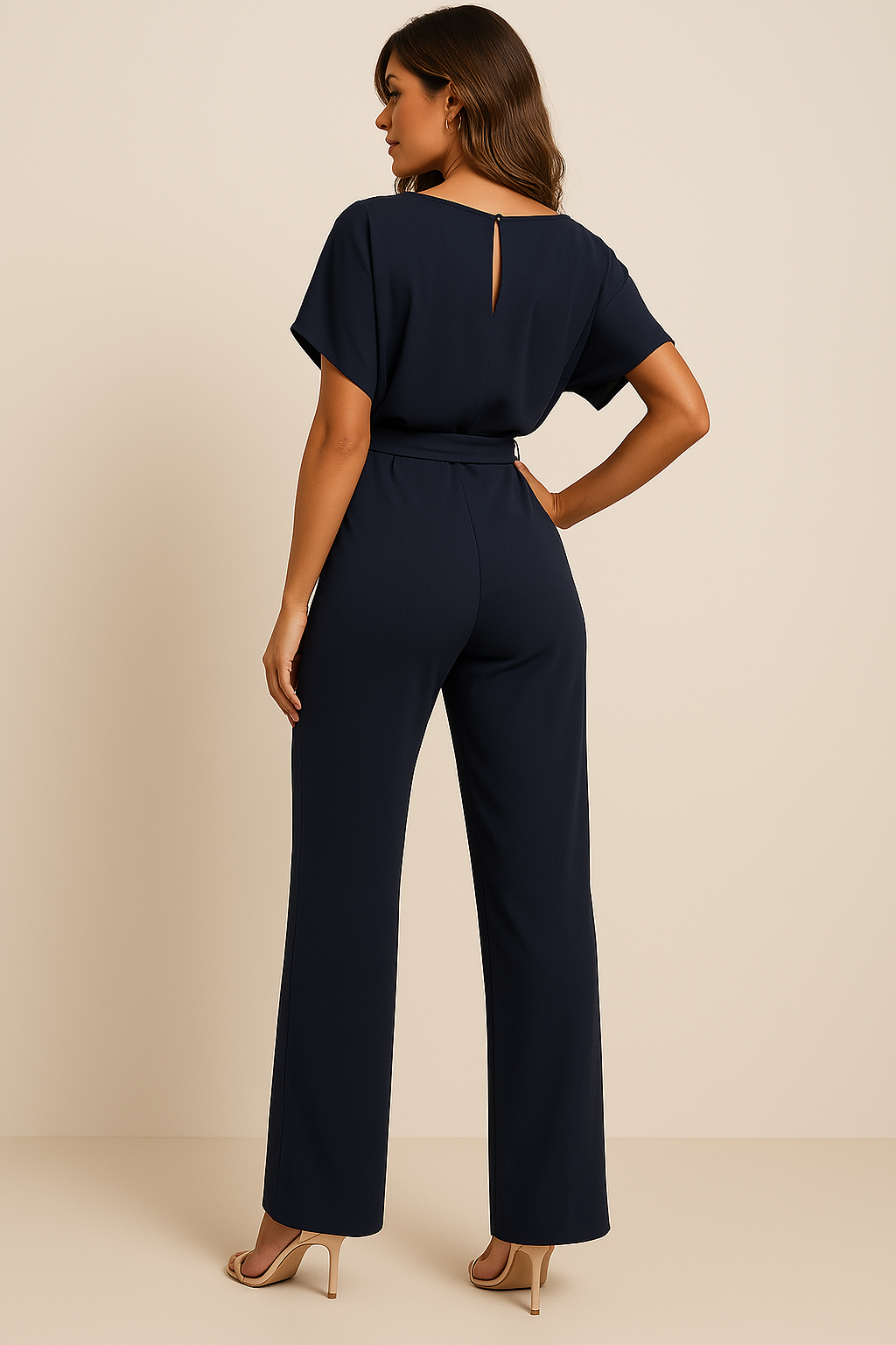 Dames Jumpsuit Korte Mouw met Ronde Hals en Strikceintuur