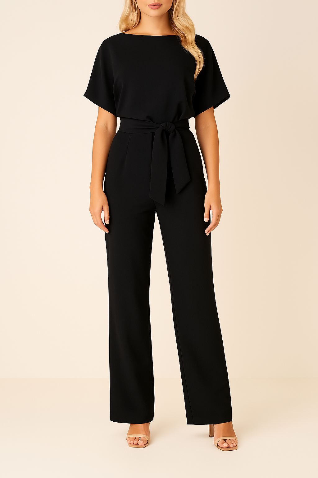 Dames Jumpsuit Korte Mouw met Ronde Hals en Strikceintuur Zwart