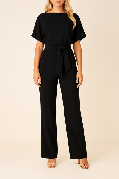 Dames Jumpsuit Korte Mouw met Ronde Hals en Strikceintuur Zwart