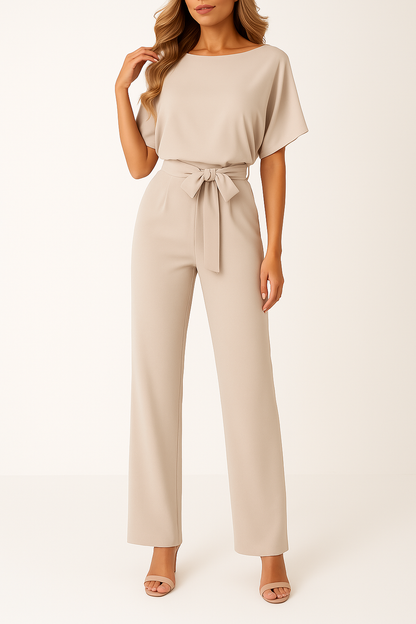Dames Jumpsuit Korte Mouw met Ronde Hals en Strikceintuur Champagne