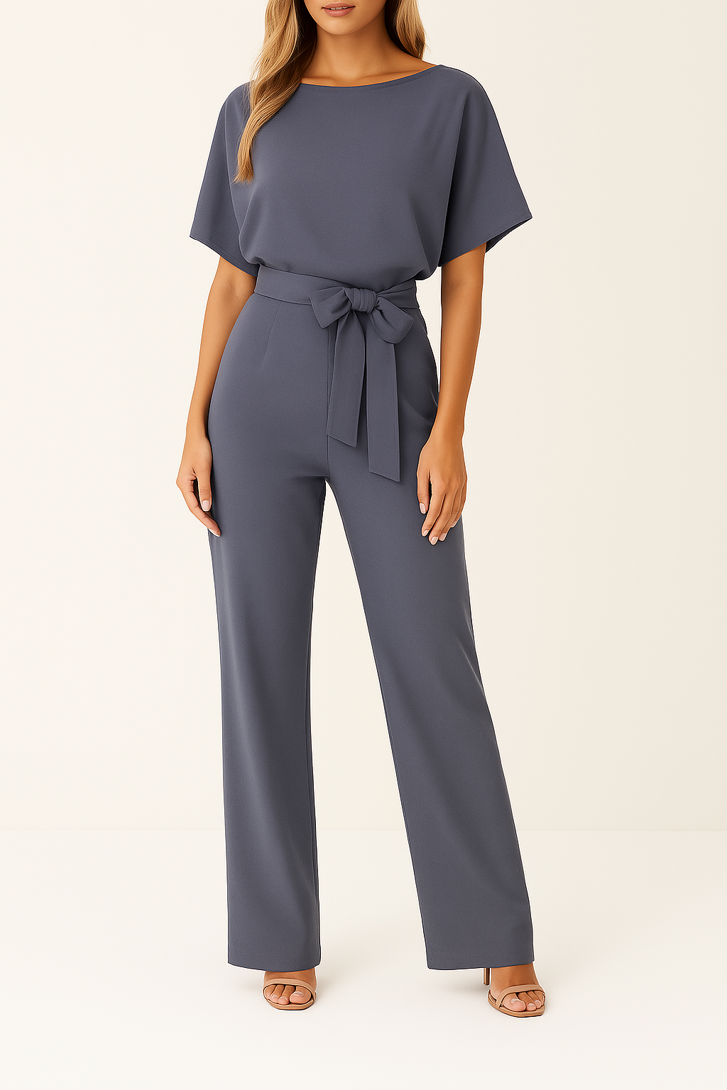 Dames Jumpsuit Korte Mouw met Ronde Hals en Strikceintuur Grijs