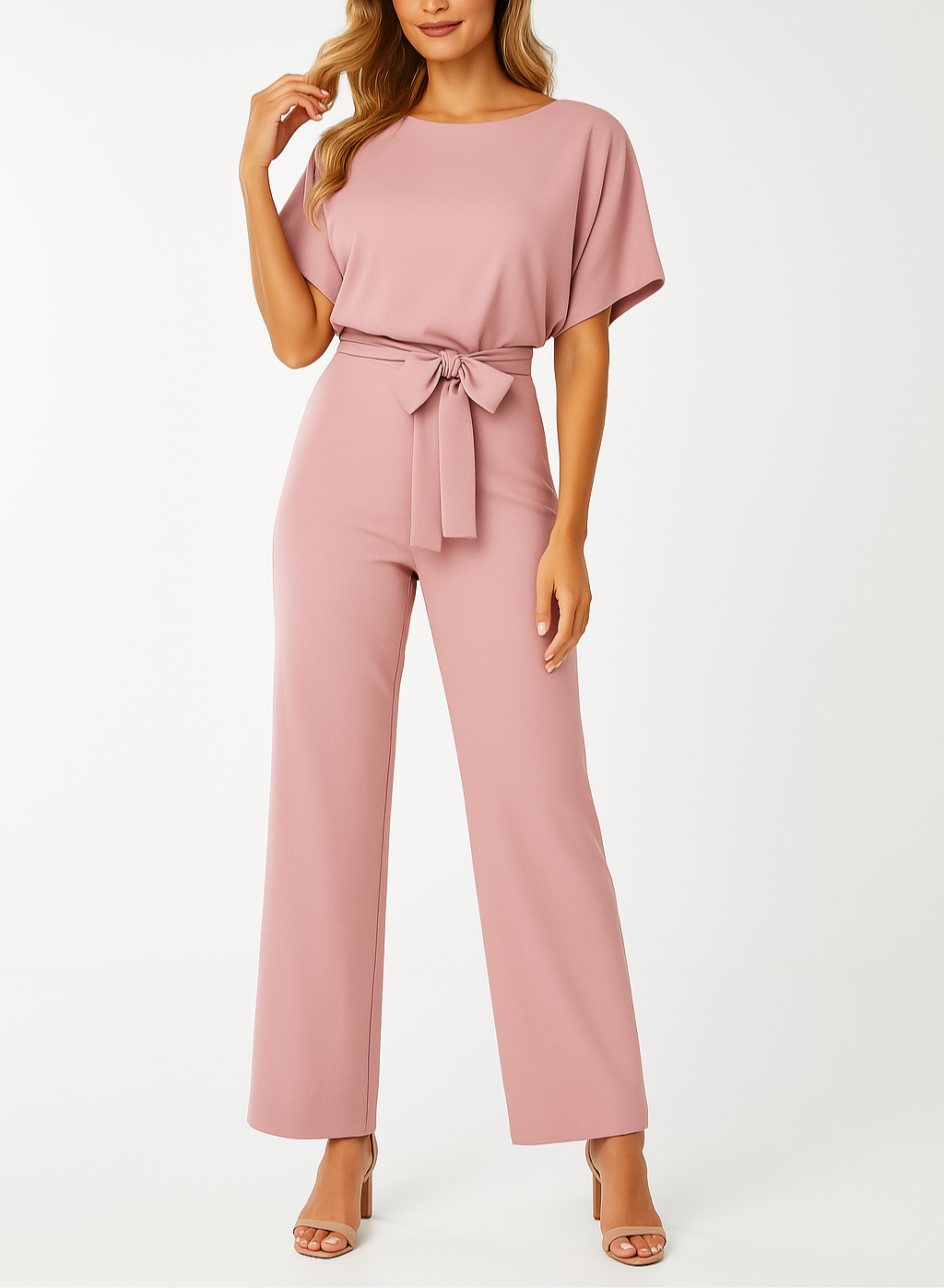 Dames Jumpsuit Korte Mouw met Ronde Hals en Strikceintuur Roze