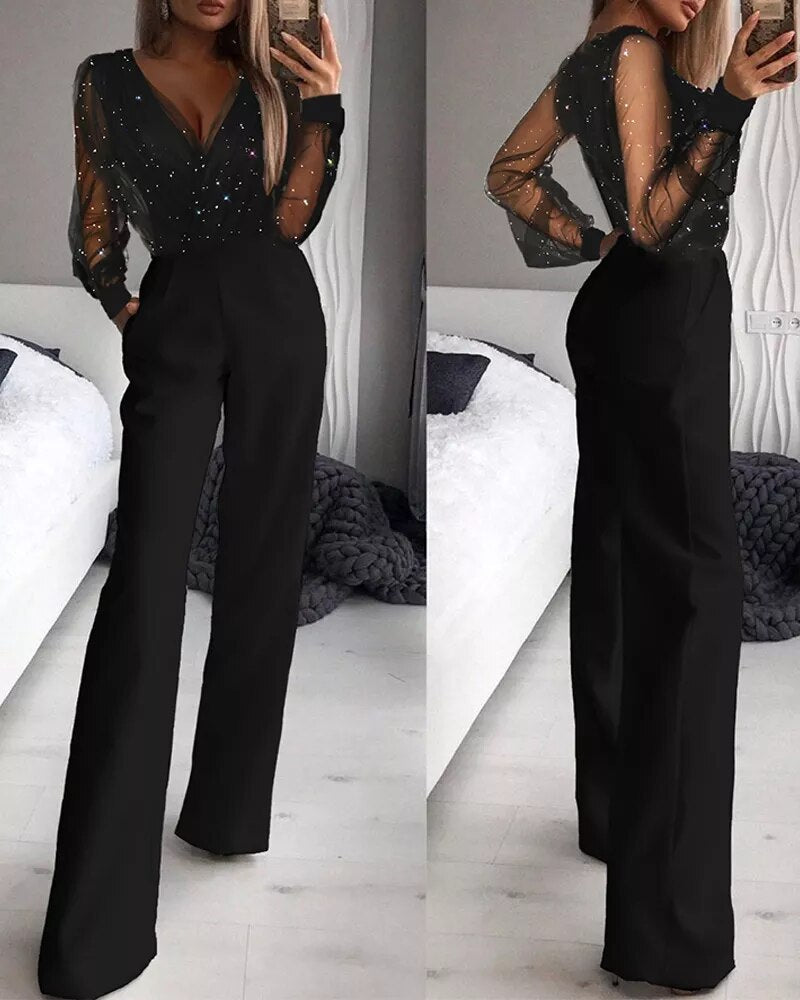 Dames Jumpsuit Lange Mouw met V-hals en Wijde Pijpen