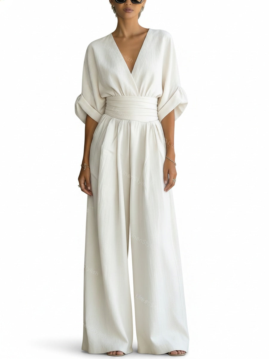 Dames Jumpsuit met Diepe V-hals, Gebonden Taille en Wijde Pijpen