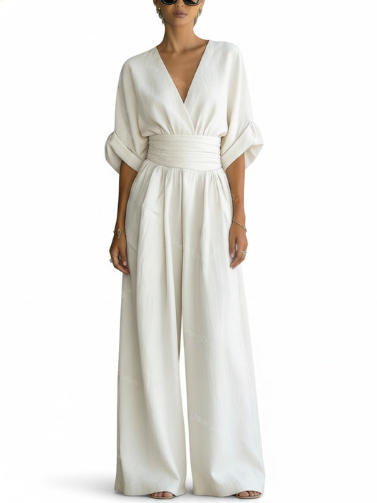 Dames Jumpsuit met Diepe V-hals, Gebonden Taille en Wijde Pijpen