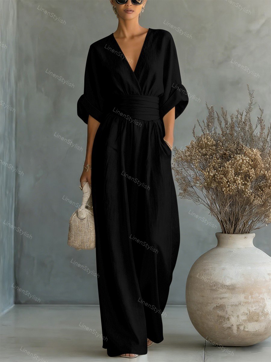 Dames Jumpsuit met Diepe V-hals, Gebonden Taille en Wijde Pijpen Zwart