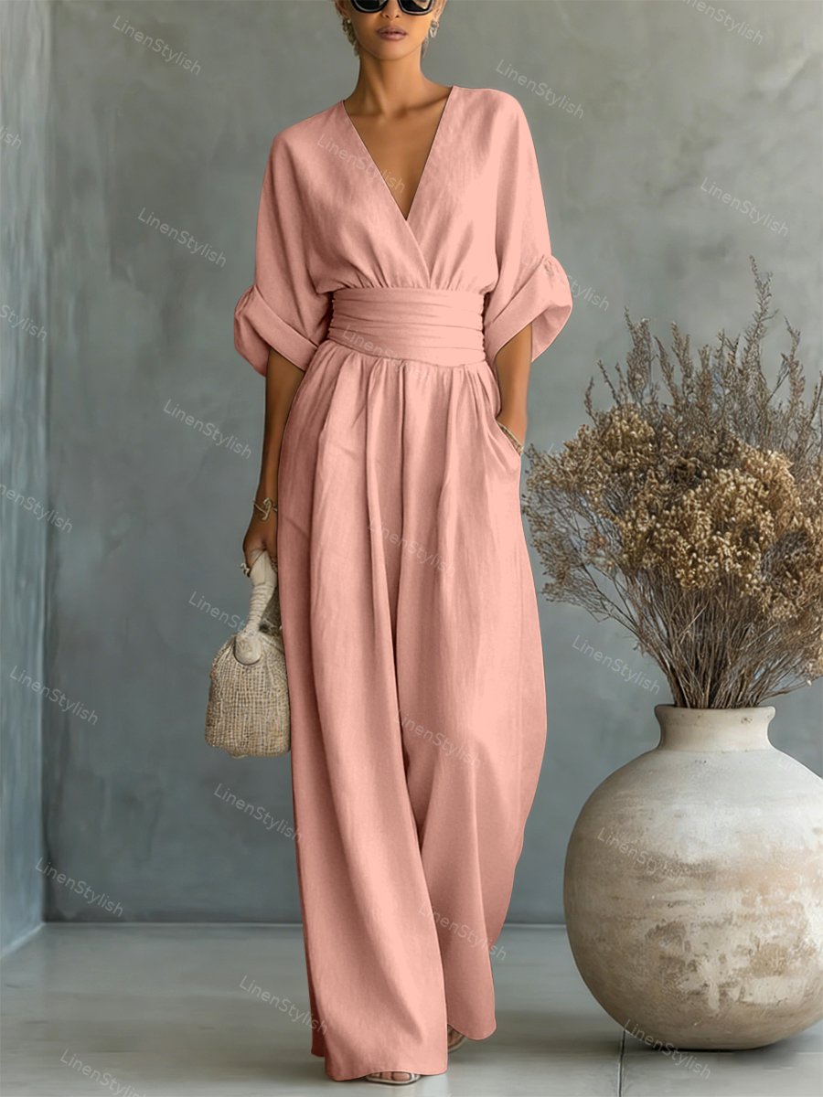 Dames Jumpsuit met Diepe V-hals, Gebonden Taille en Wijde Pijpen Roze