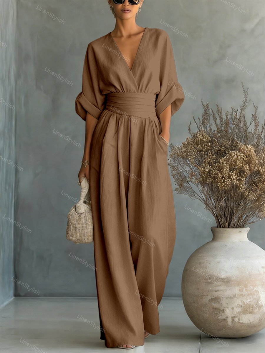 Dames Jumpsuit met Diepe V-hals, Gebonden Taille en Wijde Pijpen Khaki