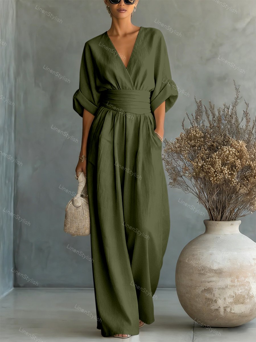 Dames Jumpsuit met Diepe V-hals, Gebonden Taille en Wijde Pijpen Legergroen