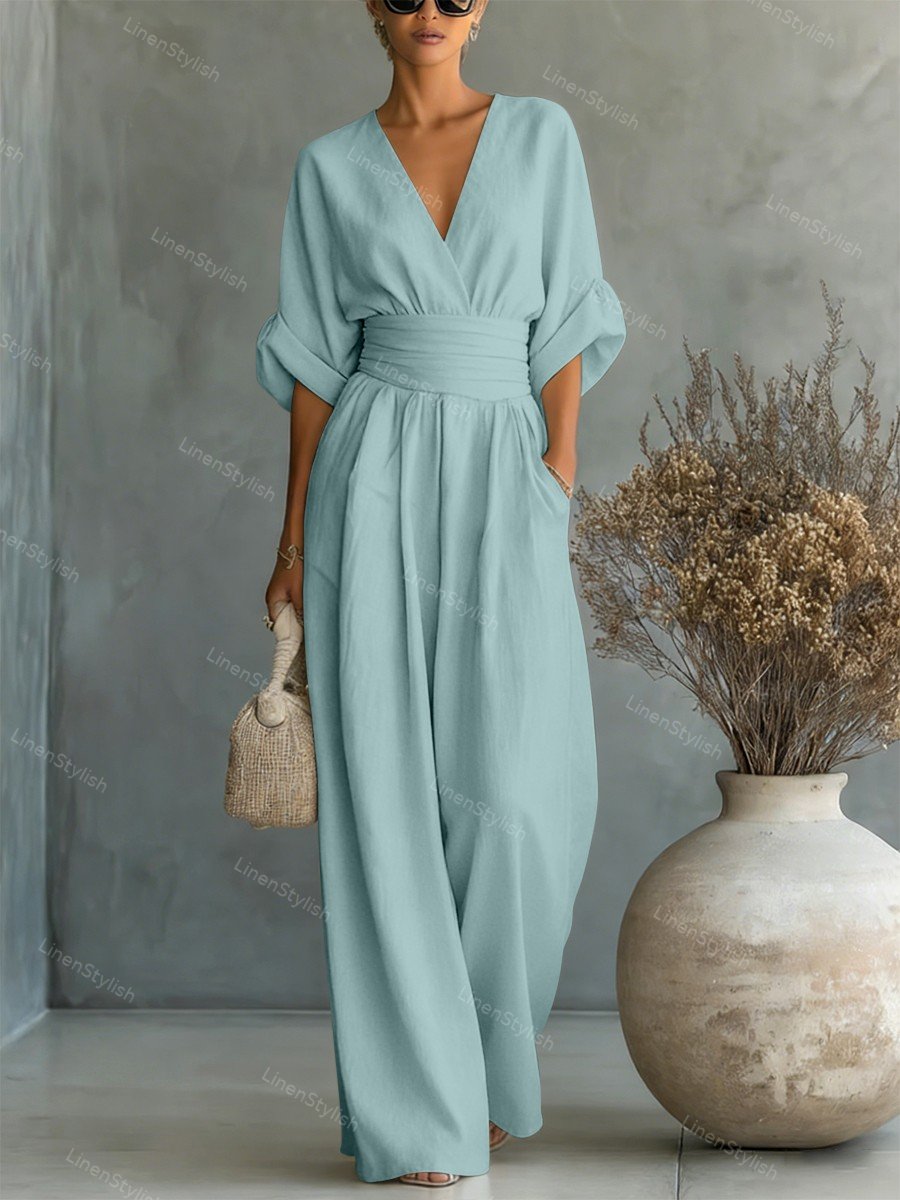 Dames Jumpsuit met Diepe V-hals, Gebonden Taille en Wijde Pijpen Blauw