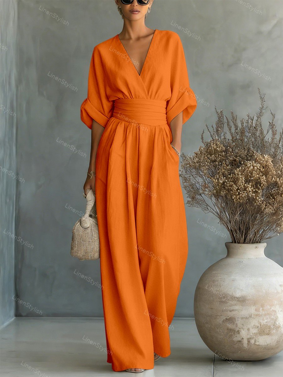 Dames Jumpsuit met Diepe V-hals, Gebonden Taille en Wijde Pijpen Oranje
