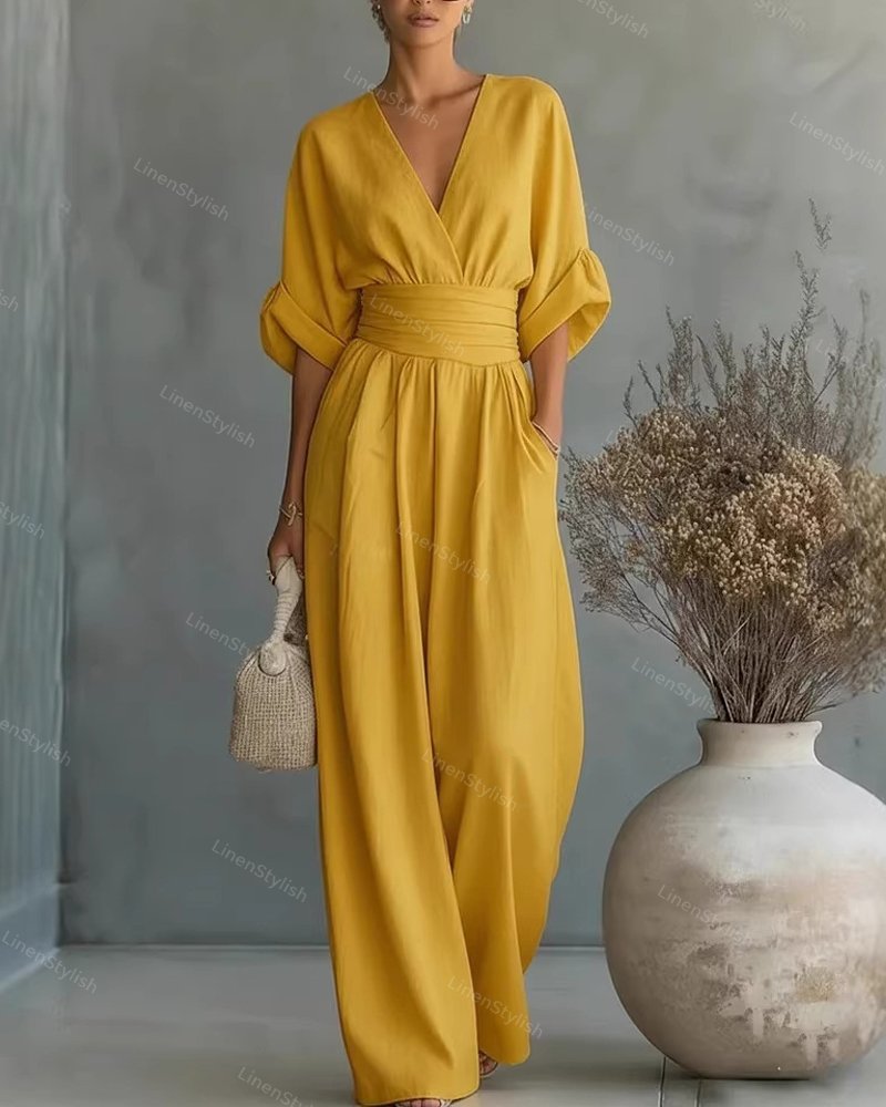 Dames Jumpsuit met Diepe V-hals, Gebonden Taille en Wijde Pijpen Geel