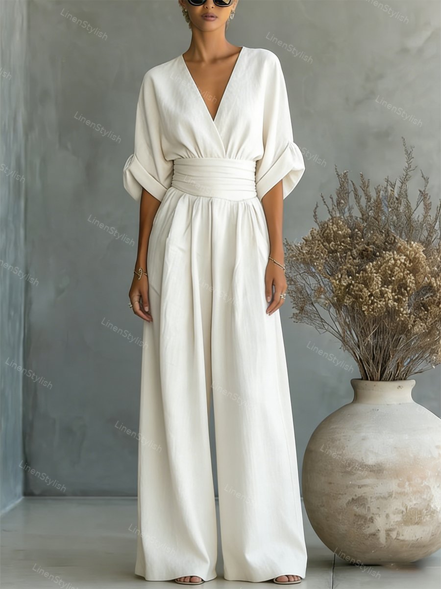 Dames Jumpsuit met Diepe V-hals, Gebonden Taille en Wijde Pijpen Wit