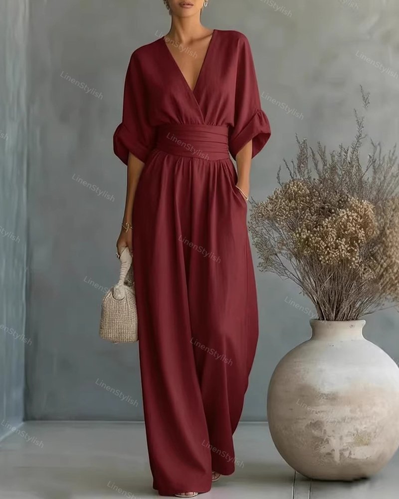 Dames Jumpsuit met Diepe V-hals, Gebonden Taille en Wijde Pijpen Bordeaux