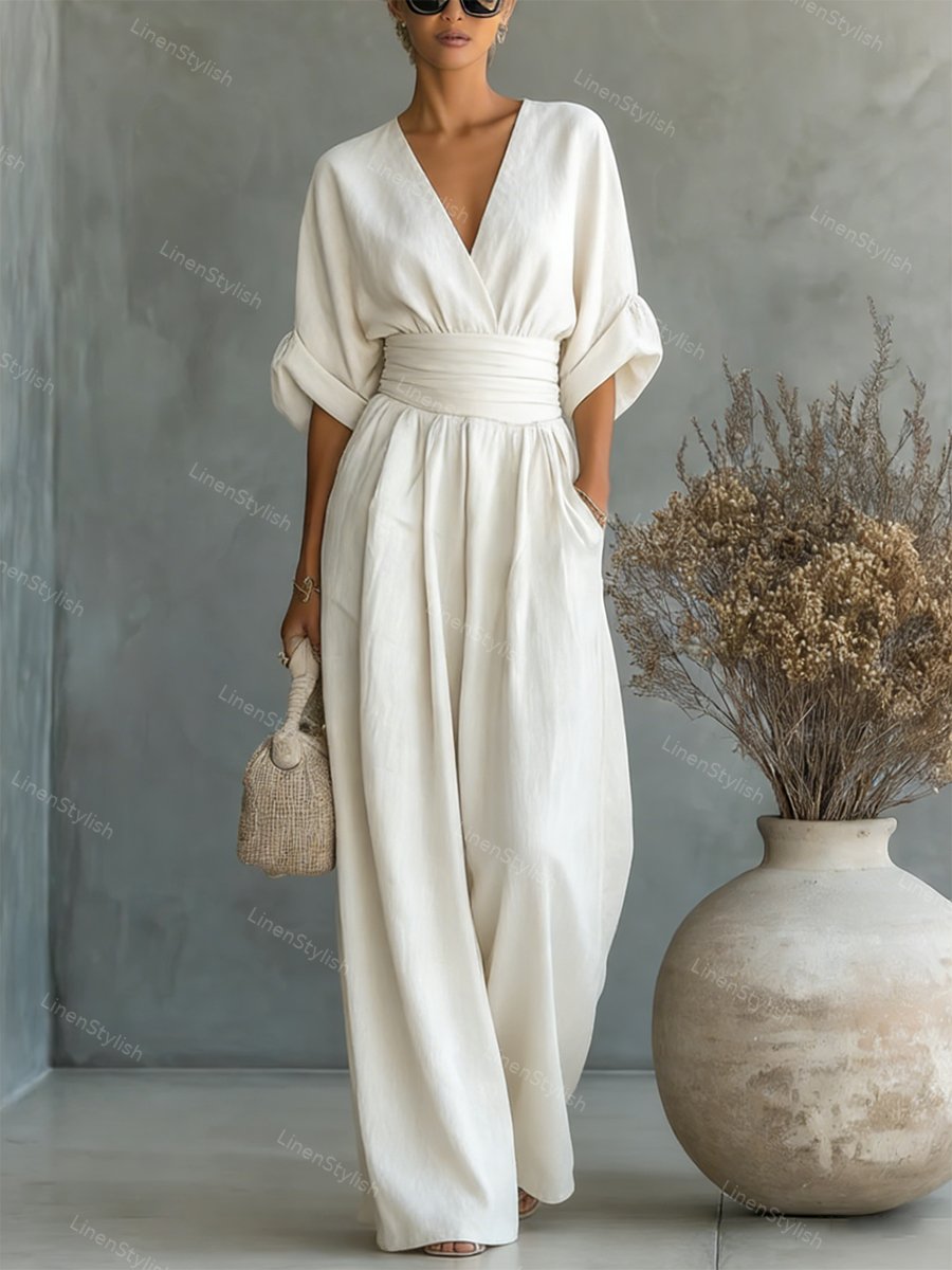 Dames Jumpsuit met Diepe V-hals, Gebonden Taille en Wijde Pijpen