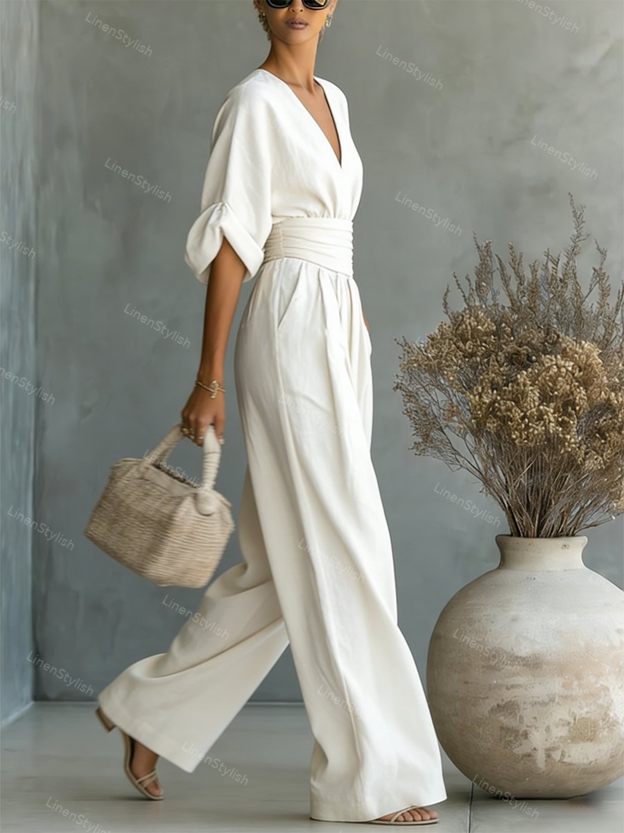 Dames Jumpsuit met Diepe V-hals, Gebonden Taille en Wijde Pijpen