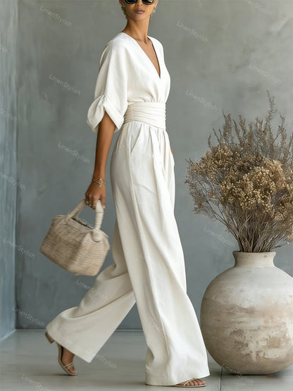 Dames Jumpsuit met Diepe V-hals, Gebonden Taille en Wijde Pijpen