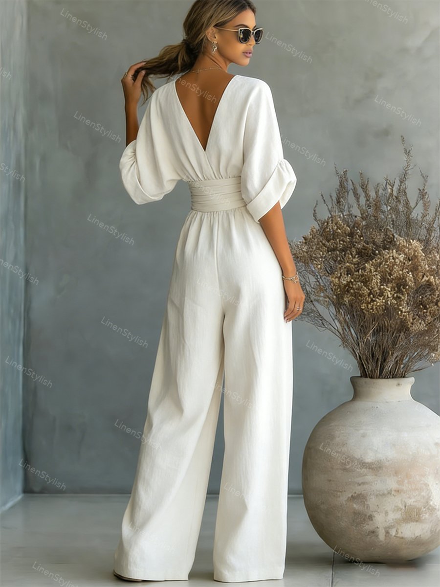 Dames Jumpsuit met Diepe V-hals, Gebonden Taille en Wijde Pijpen
