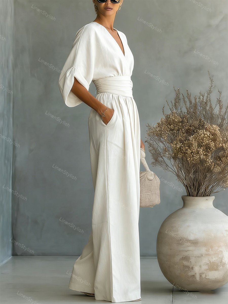 Dames Jumpsuit met Diepe V-hals, Gebonden Taille en Wijde Pijpen