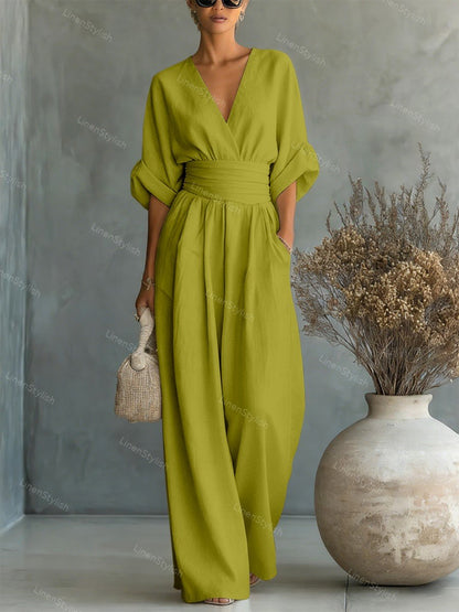 Dames Jumpsuit met Diepe V-hals, Gebonden Taille en Wijde Pijpen Groen