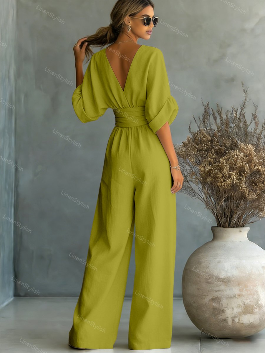 Dames Jumpsuit met Diepe V-hals, Gebonden Taille en Wijde Pijpen