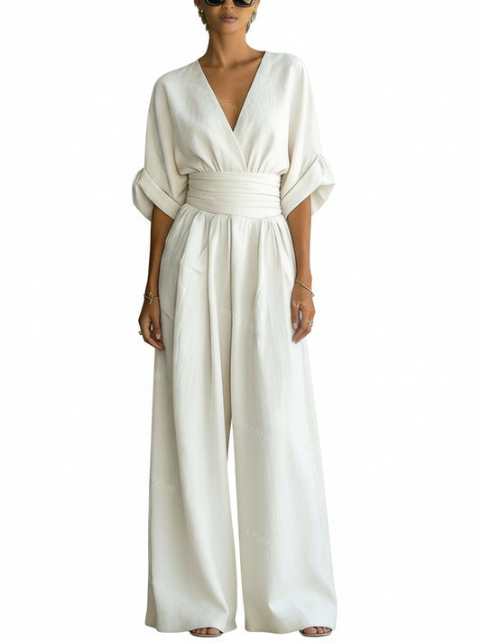Dames Jumpsuit met Diepe V-hals, Sjerband en Wijde Pijpen