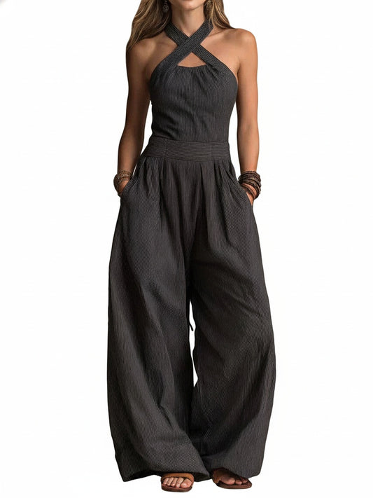 Dames Jumpsuit met Gekruiste Halter en Wijde Pijpen