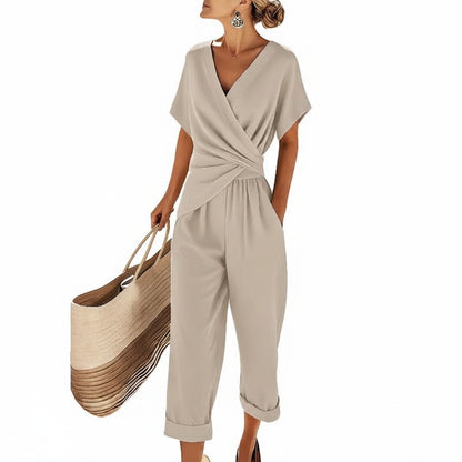 Dames Jumpsuit met Overslag V-hals, Korte Mouw en Omgeslagen Broekspijpen