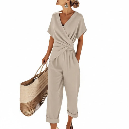 Dames Jumpsuit met Overslag V-hals, Korte Mouw en Omgeslagen Broekspijpen