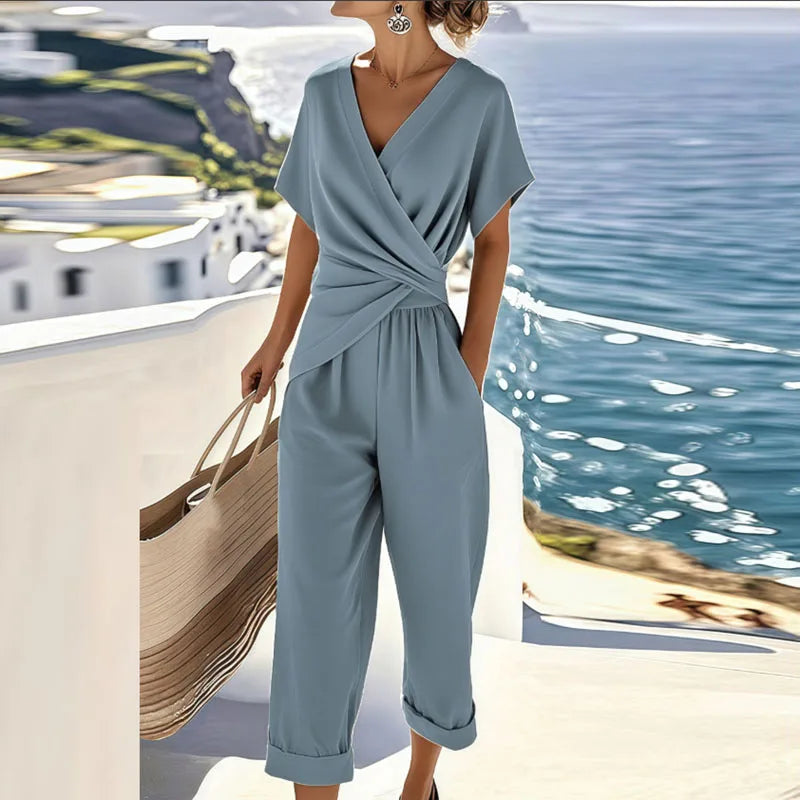 Dames Jumpsuit met Overslag V-hals, Korte Mouw en Omgeslagen Broekspijpen Blauw