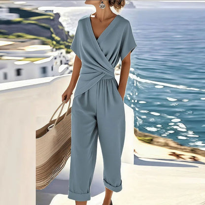 Dames Jumpsuit met Overslag V-hals, Korte Mouw en Omgeslagen Broekspijpen Blauw