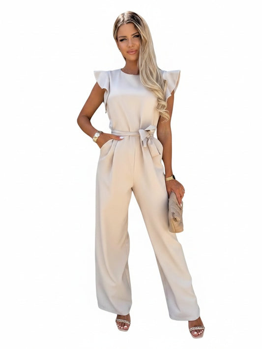 Dames Jumpsuit met Ruffle Mouwen, Strikceintuur en Wijde Pijpen