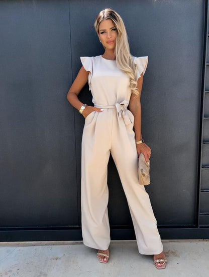 Dames Jumpsuit met Ruffle Mouwen, Strikceintuur en Wijde Pijpen Abrikoos