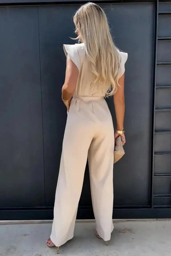 Dames Jumpsuit met Ruffle Mouwen, Strikceintuur en Wijde Pijpen