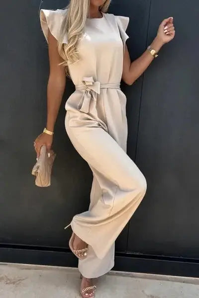 Dames Jumpsuit met Ruffle Mouwen, Strikceintuur en Wijde Pijpen
