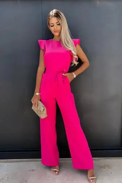 Dames Jumpsuit met Ruffle Mouwen, Strikceintuur en Wijde Pijpen Roze