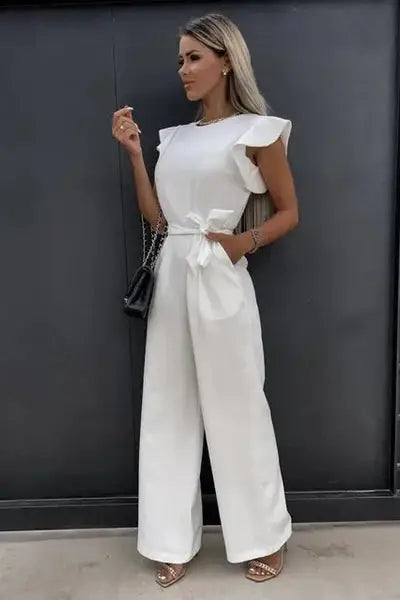 Dames Jumpsuit met Ruffle Mouwen, Strikceintuur en Wijde Pijpen Wit