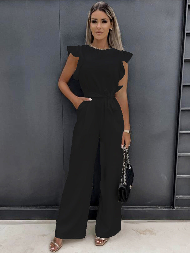 Dames Jumpsuit met Ruffle Mouwen, Strikceintuur en Wijde Pijpen Zwart
