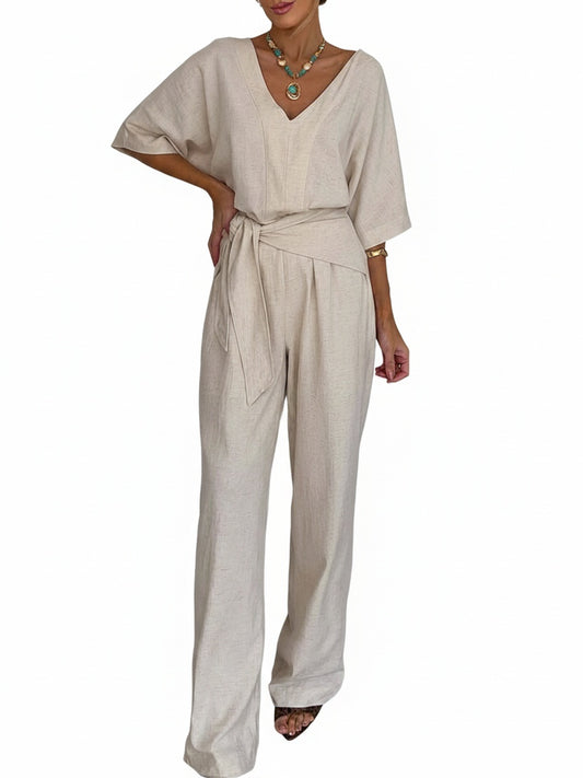 Dames Jumpsuit met V-hals, Vleermuismouwen en Strikceintuur