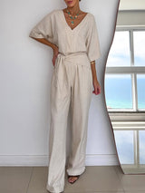 Dames Jumpsuit met V-hals, Vleermuismouwen en Strikceintuur