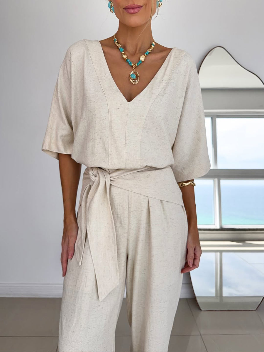Dames Jumpsuit met V-hals, Vleermuismouwen en Strikceintuur